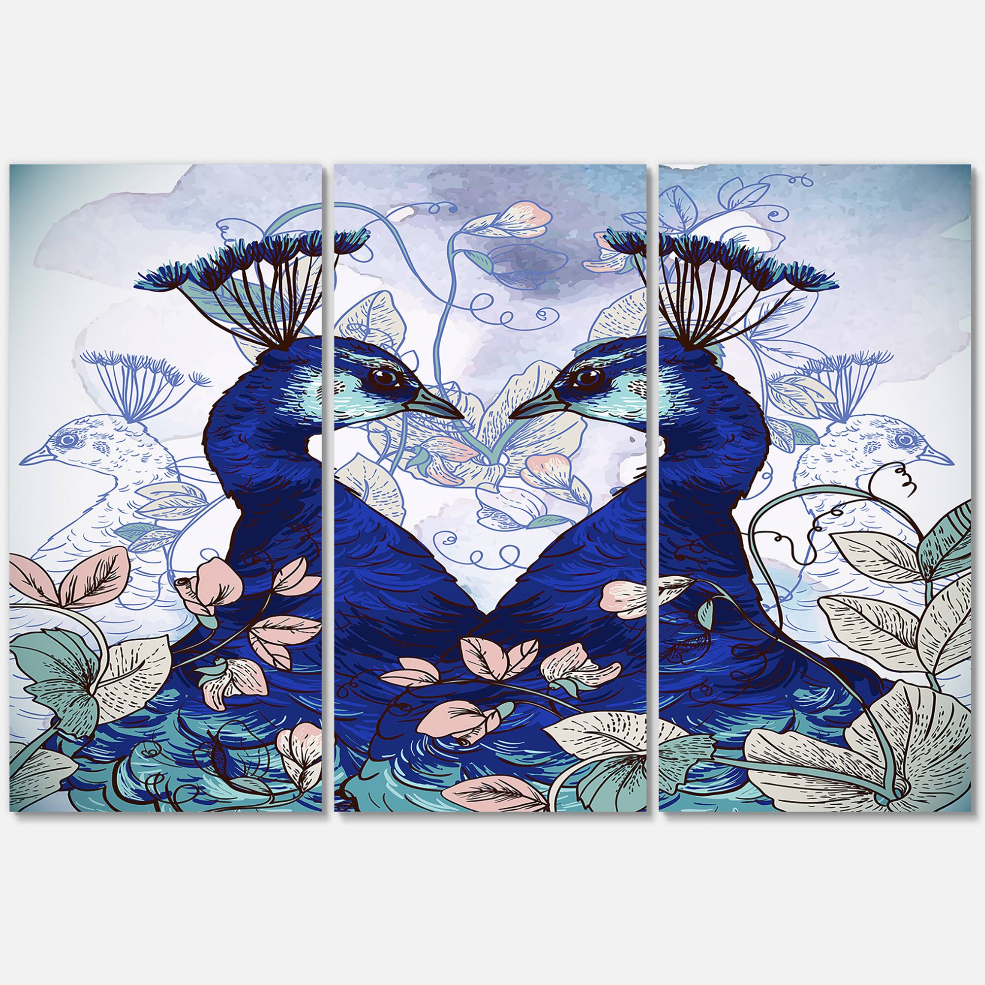 Designart - Two Blue Peacocks With Wildflowers